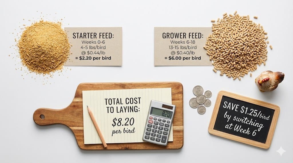 Clear infographic showing cost breakdown with feed bags, calculator and dollar amounts for starter versus grower feed expenses per bird