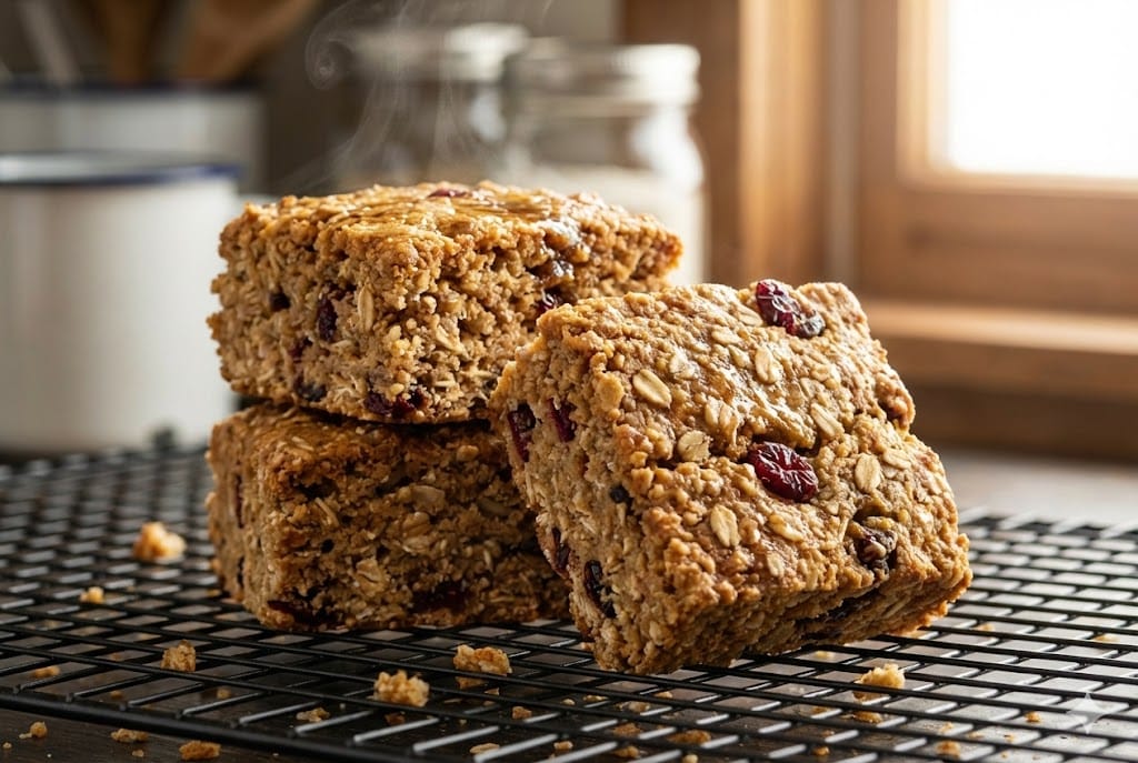 Stack of three golden-brown baked chicken treat blocks with visible grains and cranberries on cooling rack
