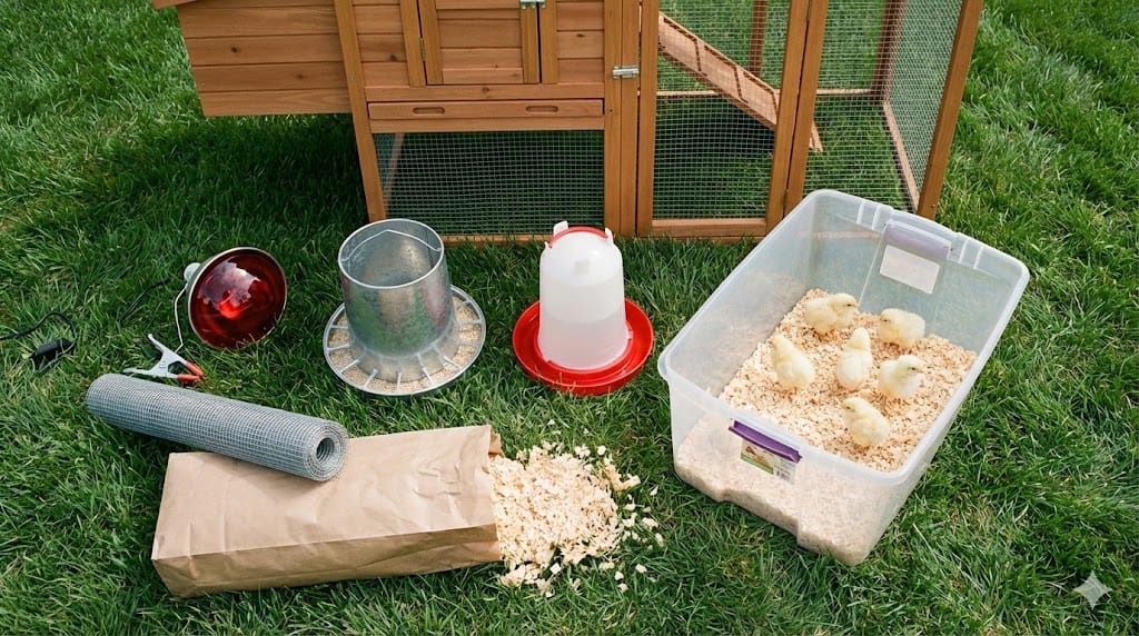 Backyard chicken coop setup showing wooden coop, feeders, waterers, and brooder supplies arranged on grass