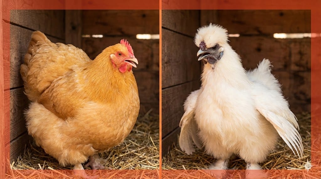 Buff Orpington and Silkie chickens showing fluffy dense feathering that traps heat, with visual warning indicators