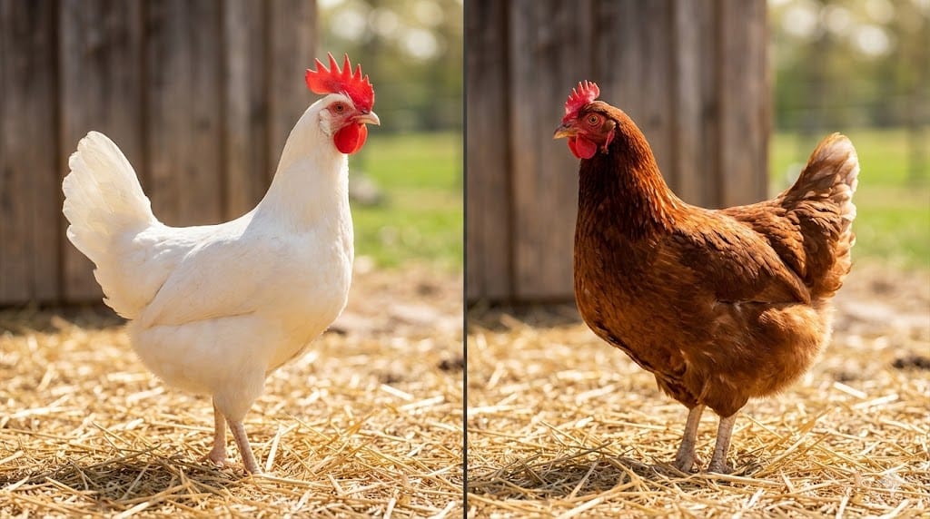 Side-by-side comparison of White Leghorn and Rhode Island Red chickens in a sunny farmyard showing their different physical features