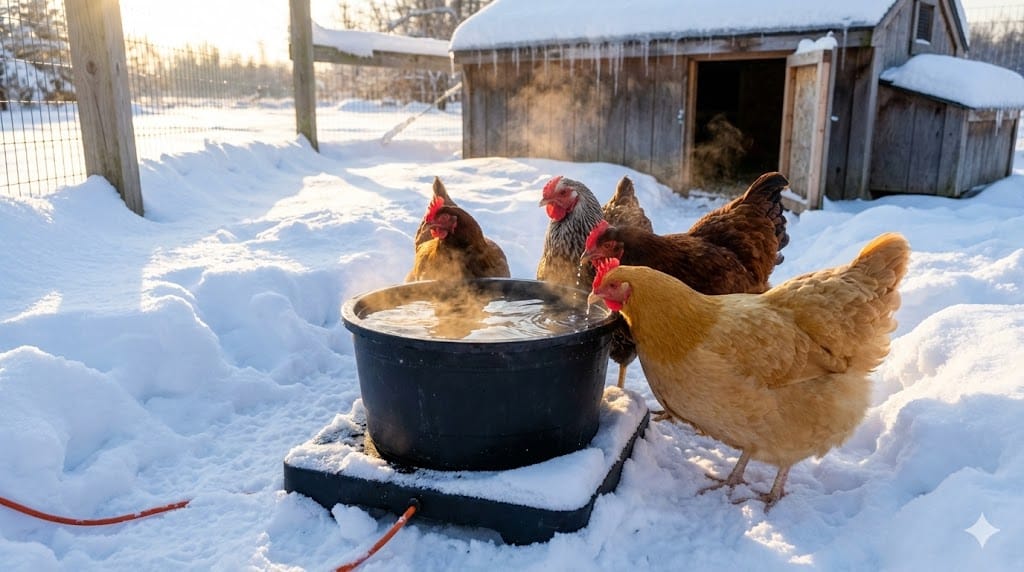 Steaming heated chicken waterer with multiple chickens drinking liquid water surrounded by heavy snow in winter