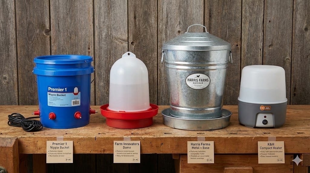 Four different heated chicken waterer brands displayed side by side including Premier 1, Farm Innovators, Harris Farms, and K&H Pet Products