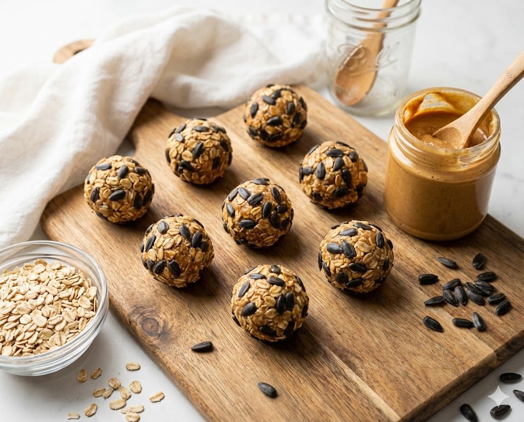 Wooden cutting board with rolled oat energy balls coated in sunflower seeds next to peanut butter jar