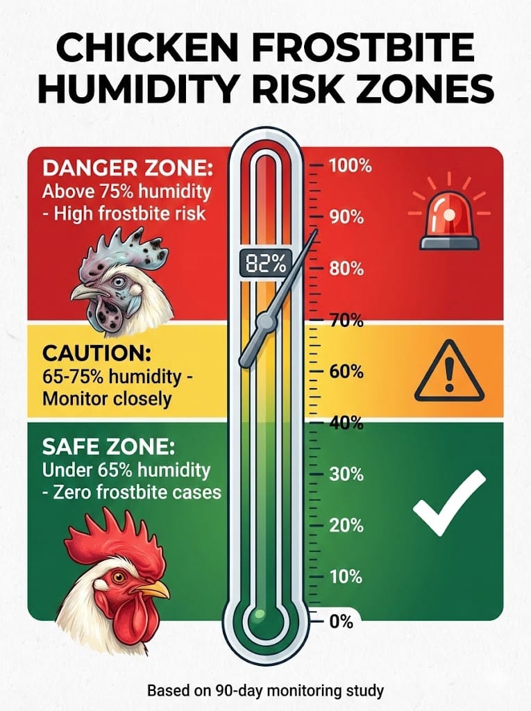 Chart showing frostbite risk levels at different humidity percentages with green safe zone under 65% and red danger zone above 75%