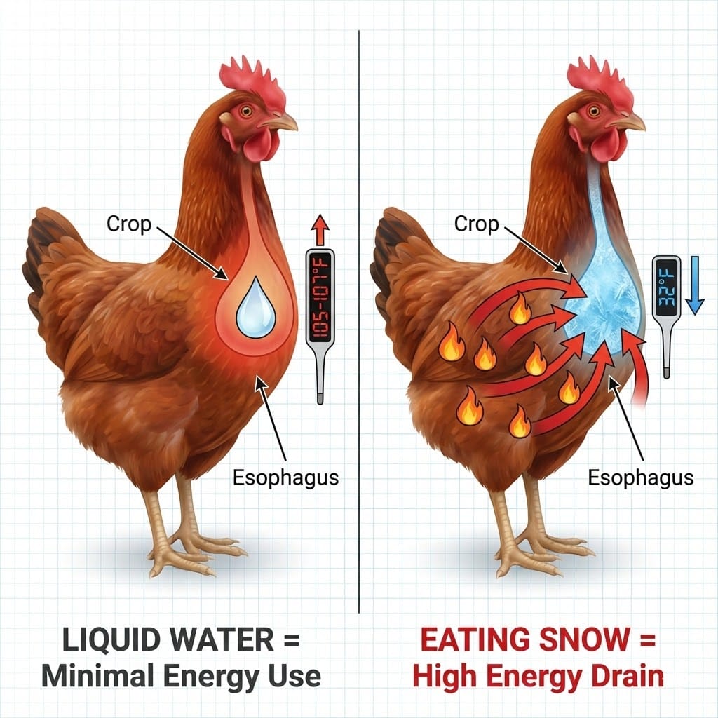 Educational diagram comparing chicken's 105-107°F body temperature to 32°F snow showing energy loss arrows