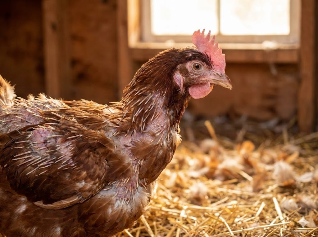 Rhode Island Red hen in mid-molt showing pin feathers growing on neck and patchy feather loss in backyard setting