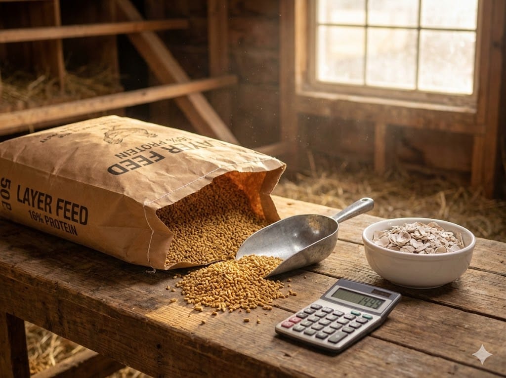 50-pound bag of chicken layer feed next to a calculator and receipt showing monthly costs
