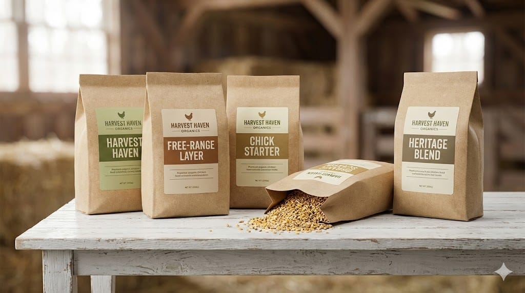 Multiple bags of organic chicken starter feed from different brands arranged on a farmhouse table for comparison