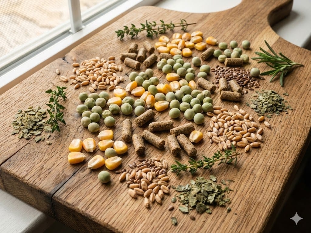 Close-up macro photography of organic chicken feed ingredients including whole grains, field peas, fish meal, and flaxseed on a wooden surface
