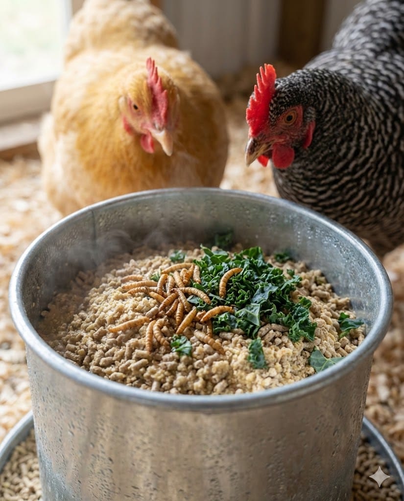  Close-up photograph of warm layer mash in a metal feeding bowl with chickens eating happily, steam rising from the nutritious feed mixture