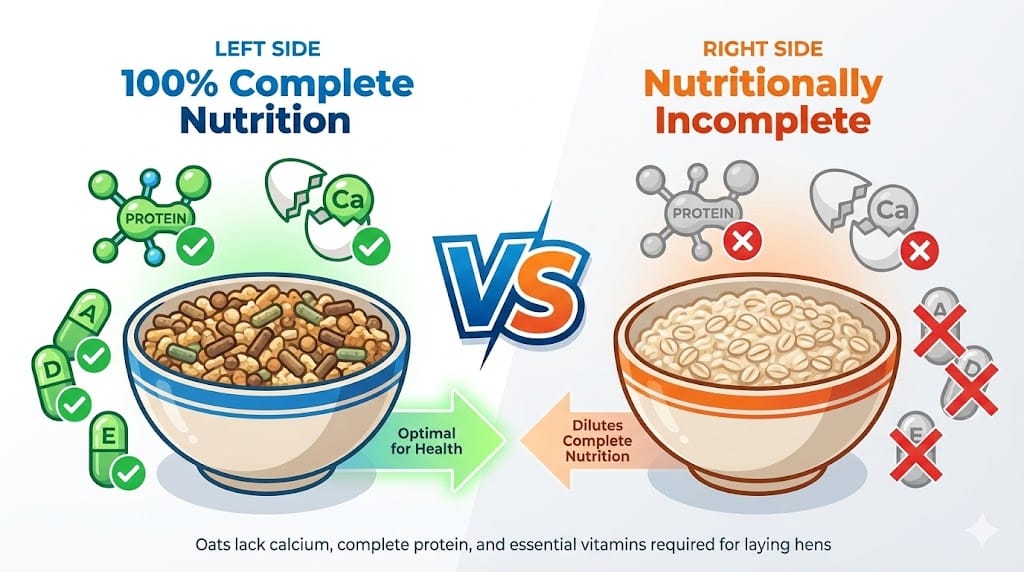 Visual comparison showing a bowl of complete layer feed versus a bowl of oatmeal, with icons representing missing nutrients like calcium, protein, and vitamins