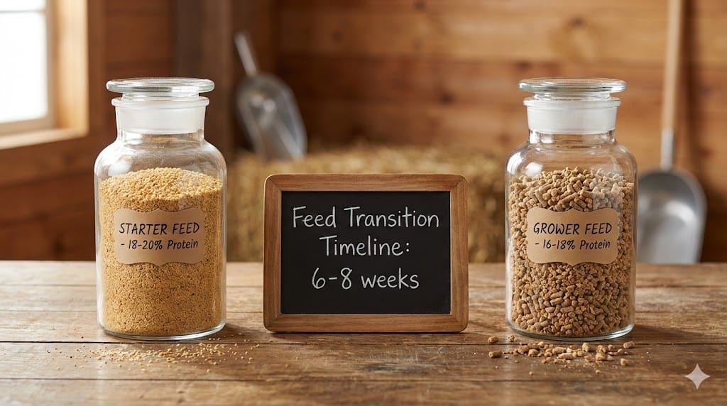 Side-by-side comparison showing fine crumble starter feed and larger pellet grower feed in clear containers with nutritional information