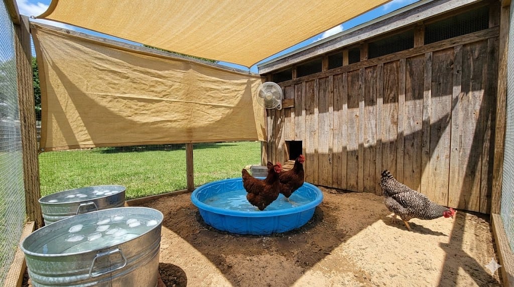Backyard chicken cooling setup showing shade cloth over run, multiple water stations with ice, and chickens seeking shade