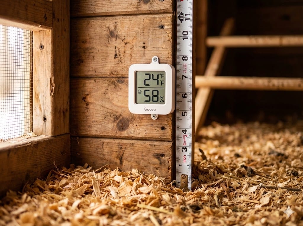 Govee WiFi temperature and humidity sensor mounted 12 inches above pine shaving bedding inside a wooden chicken coop