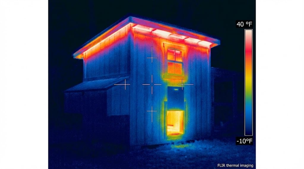 Thermal imaging view of chicken coop showing red heat loss at roof junction, orange around windows, and blue cold areas on walls