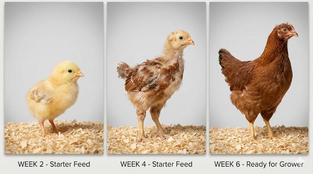 Side-by-side comparison showing fine crumble starter feed and larger pellet grower feed in clear containers with nutritional information