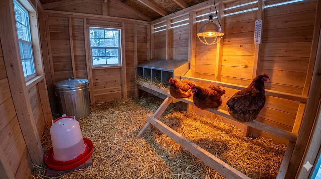 Clean winter chicken coop interior with deep bedding, roosting bars, and heated waterer in organized setup