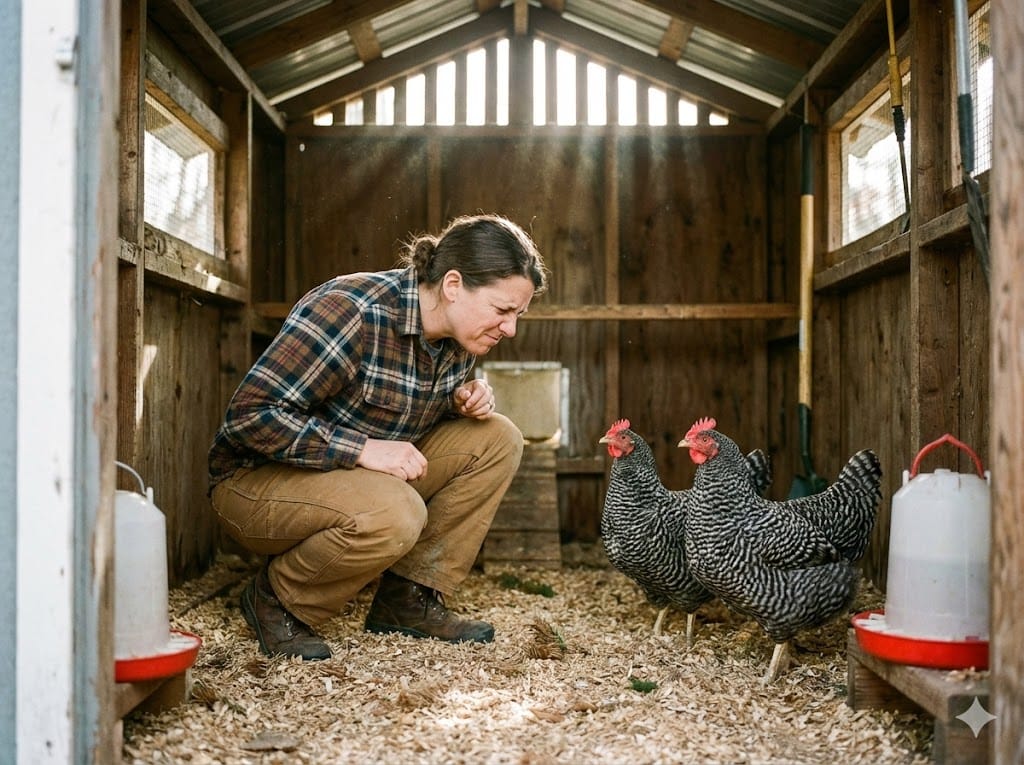 Person squatting at chicken head height in coop demonstrating ammonia level test with chickens nearby