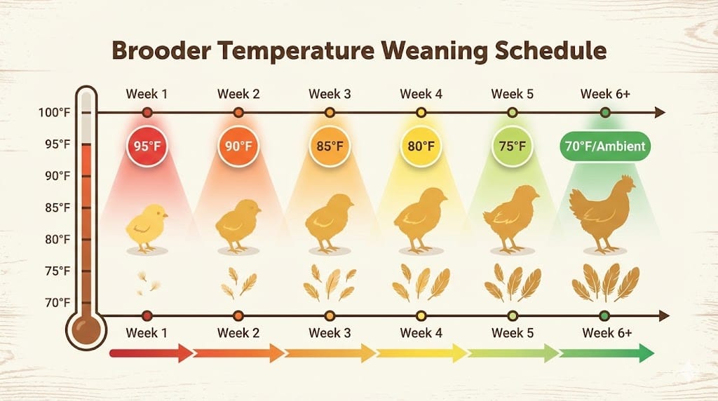 Infographic showing week-by-week brooder temperature reduction schedule from 95°F in week one down to 70°F by week six with illustrated chick growth stages