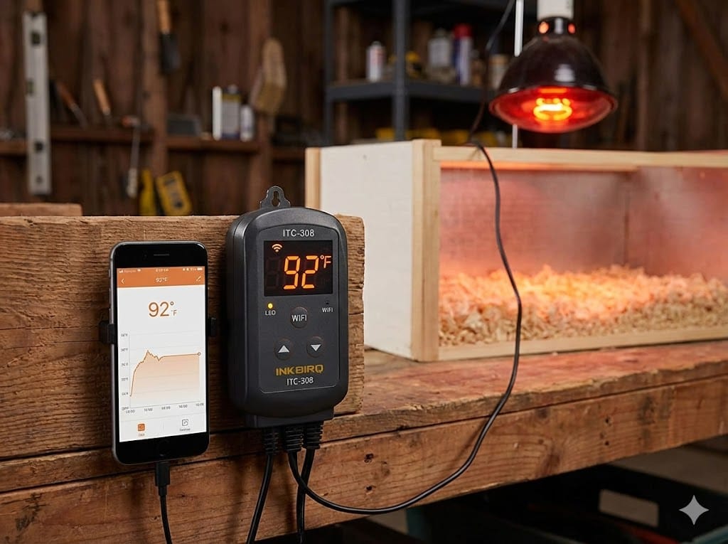  Inkbird ITC-308 WiFi temperature controller with smartphone showing temperature monitoring app next to a brooder heat lamp setup for backyard chickens
