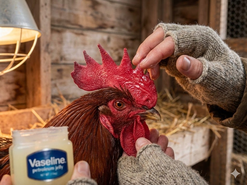 Close-up of hands gently applying petroleum jelly to a rooster's large red comb for winter frostbite protection