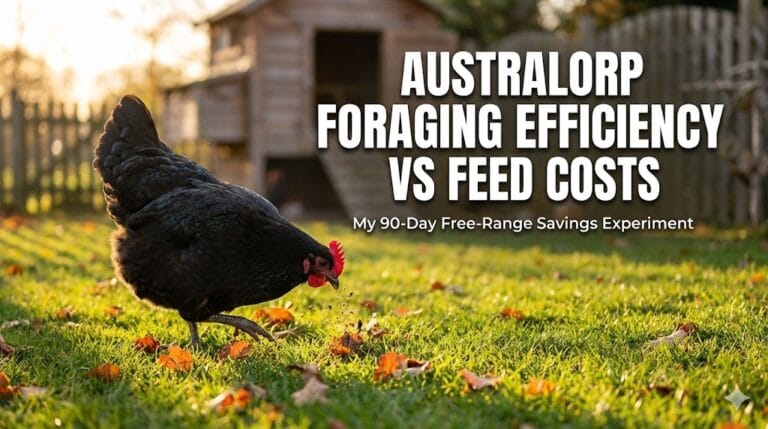 Black Australorp hen foraging in a lush backyard with overlaid text reading "Australorp Foraging Efficiency vs Feed Costs"