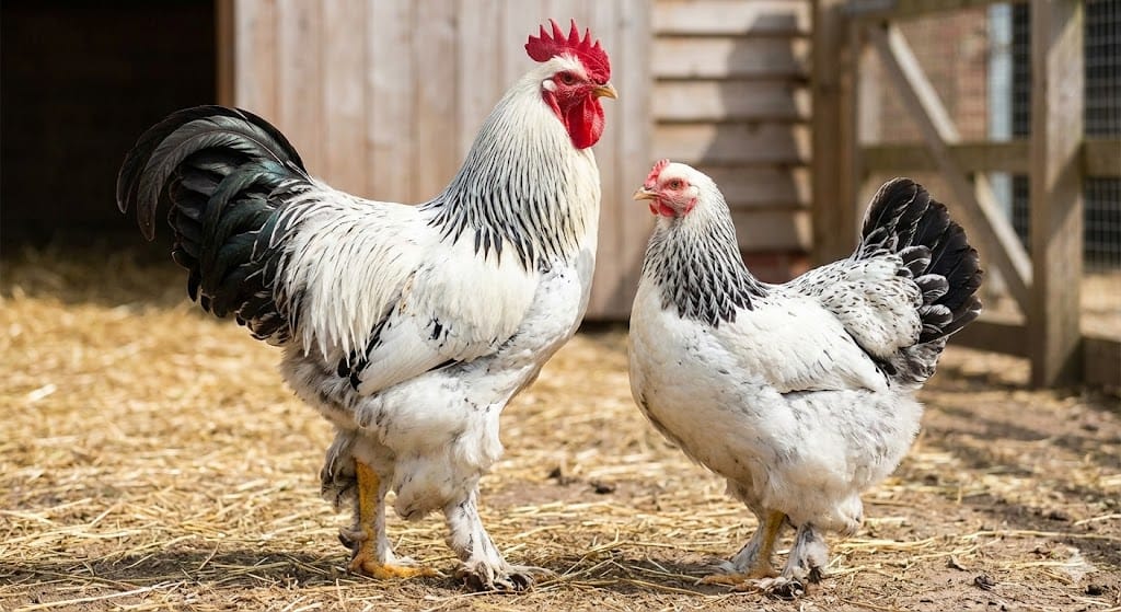 Brahma rooster compared to Brahma hen showing size and feather differences