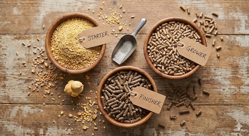 Three types of poultry feed showing starter crumble, grower pellets, and finisher feed in wooden bowls