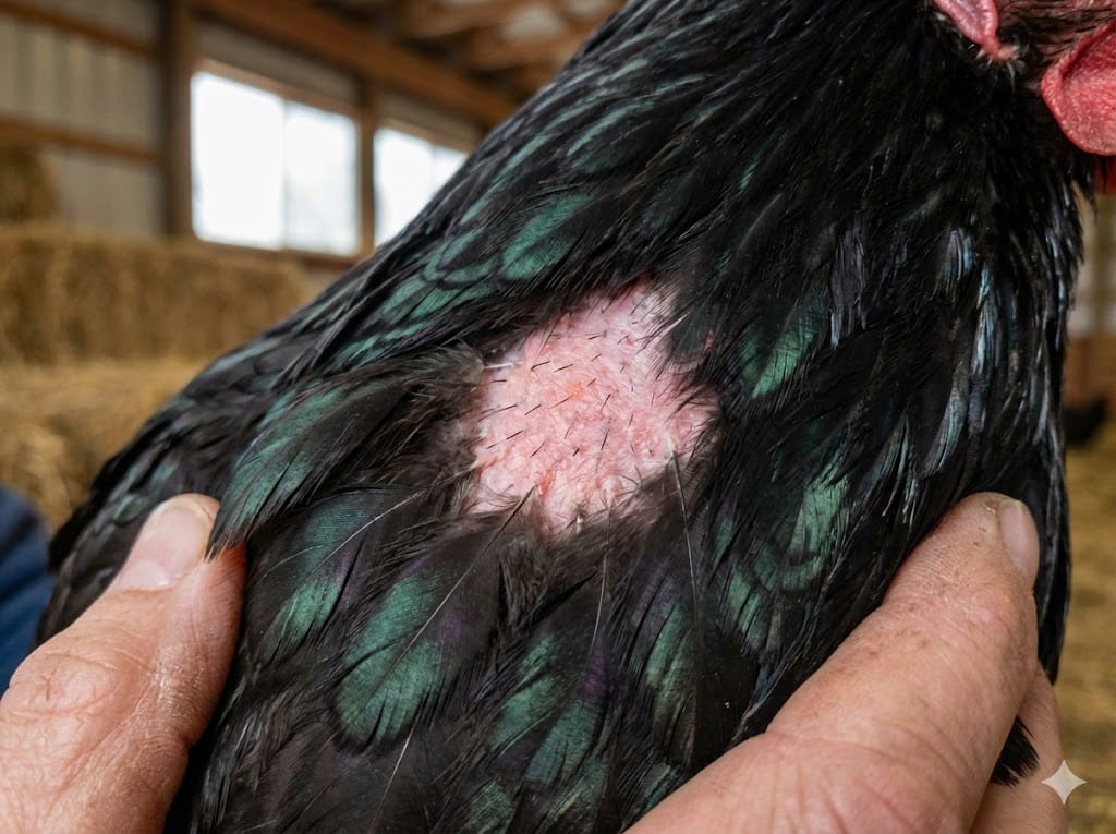 Close-up of a broody hen's chest showing bare skin patch where feathers were plucked for egg incubation