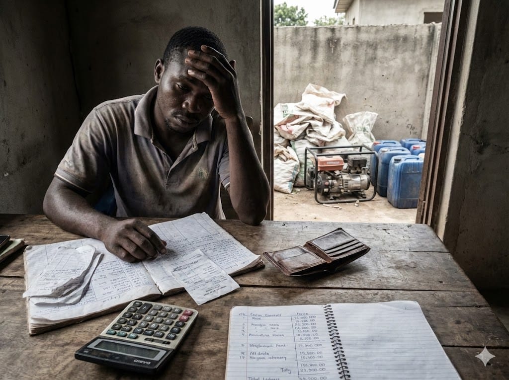 Nigerian farmer looking stressed while reviewing expenses on paper with calculator, empty feed bags and broken generator visible in background