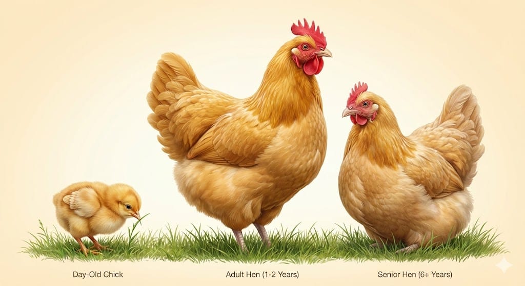 Illustration showing Buff Orpington chicken life stages from fluffy yellow chick to golden adult hen to mature senior bird