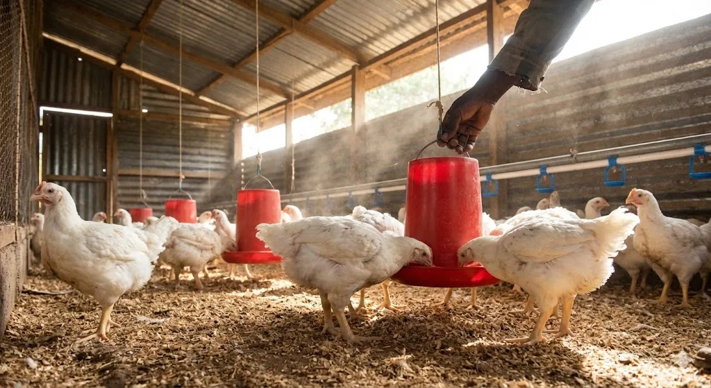 Healthy white broiler chickens eating from tube feeders in Nigerian poultry house