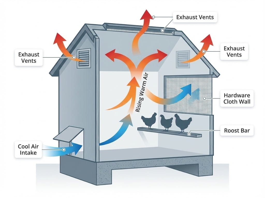 Illustrated diagram showing proper chicken coop ventilation with arrows indicating cool air intake at bottom and hot air exhaust at roof vents