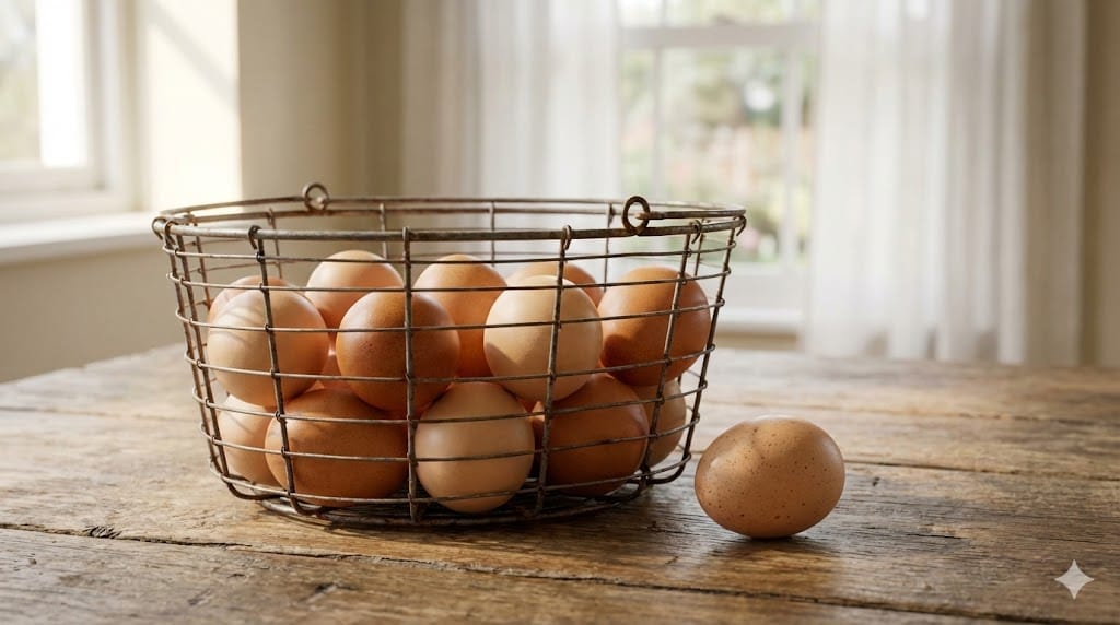 A wire basket filled with fresh light brown Buff Orpington eggs on a wooden farmhouse table with soft morning light