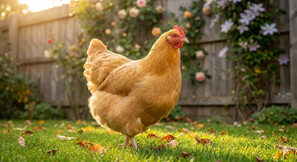 A healthy golden Buff Orpington hen standing in a sunlit backyard garden with soft morning light highlighting her fluffy buff-colored feathers