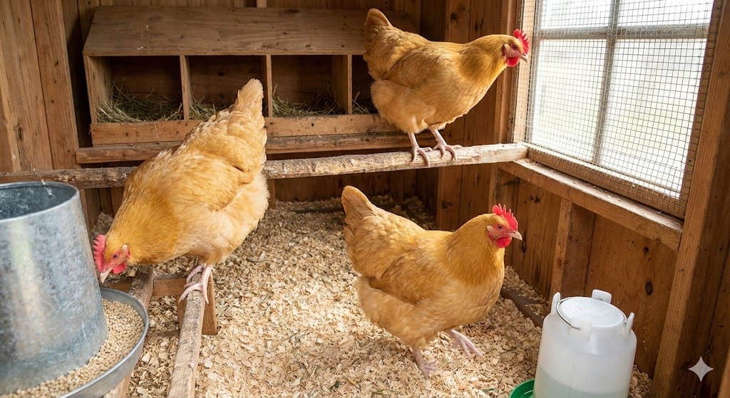 Three healthy Buff Orpington hens inside a clean wooden chicken coop with proper ventilation, fresh bedding, and access to food and water