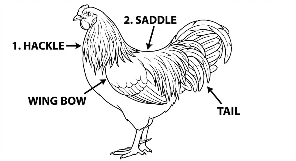 Labeled diagram of rooster anatomy showing hackle feathers on neck, saddle feathers on lower back, wing bow at shoulder, and tail with sickle feathers