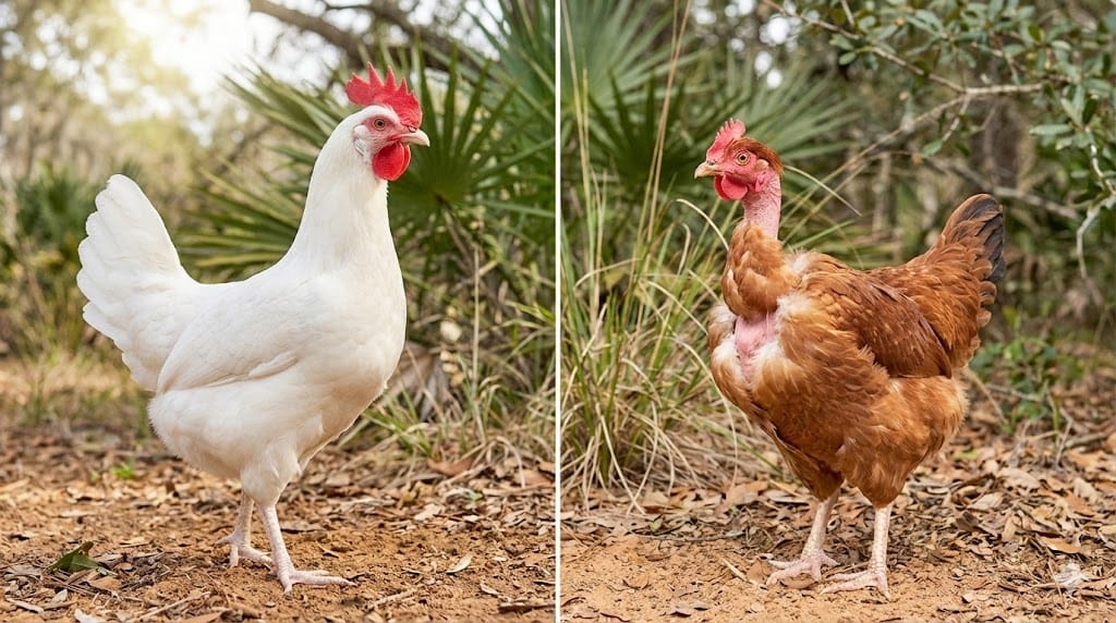 Side-by-side comparison of White Leghorn and Naked Neck Turken chickens showing their heat-tolerant physical features
