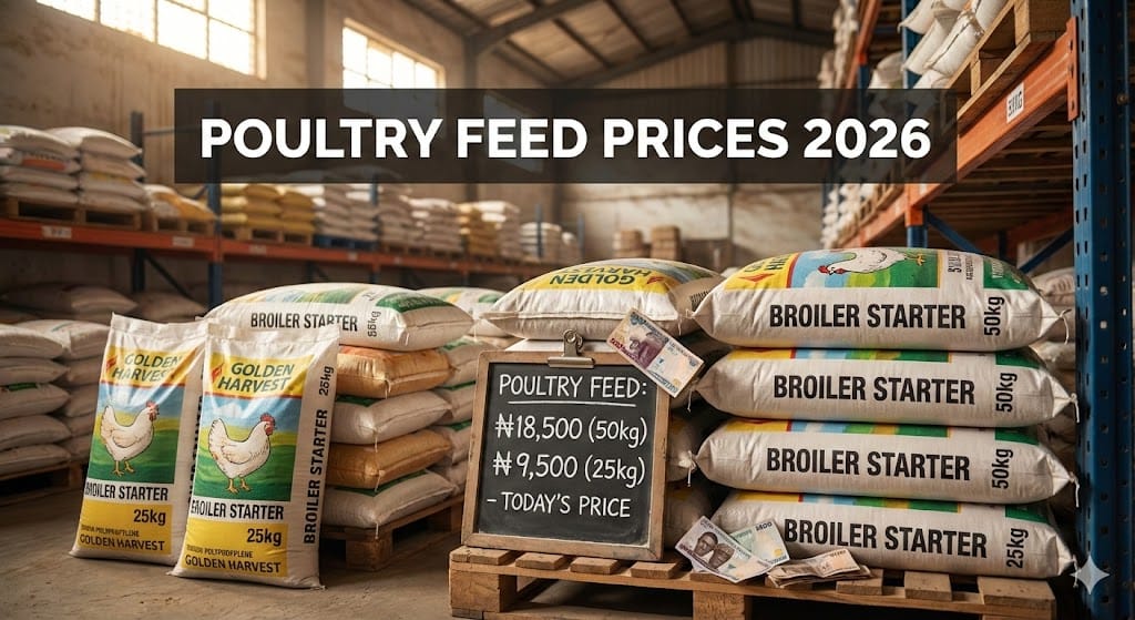 Stack of branded poultry feed bags in Nigerian agricultural store with price tags and Naira currency