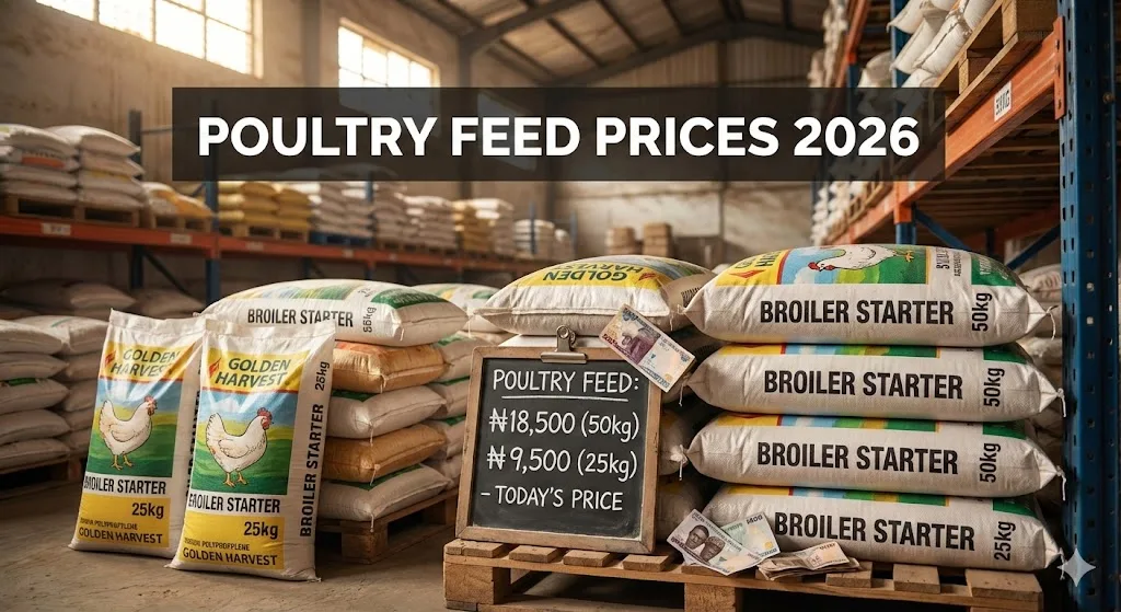 Stack of branded poultry feed bags in Nigerian agricultural store with price tags and Naira currency