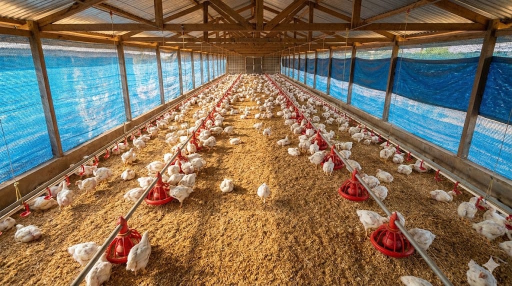 Aerial view of a well-ventilated Nigerian broiler house showing proper spacing with approximately 10 birds per square meter on deep litter system