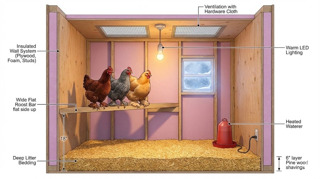 Interior view of an insulated chicken coop showing wide flat roost bars, deep litter bedding, and ventilation openings near the roofline