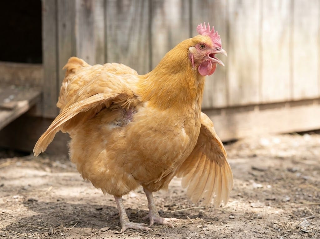 Buff Orpington chicken showing heat stress symptoms with wings held away from body and beak open panting