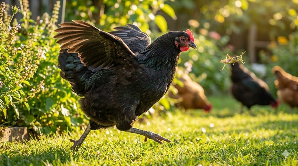 Happy Black Australorp hen free-ranging in sunny backyard, actively foraging and chasing insects, displaying normal healthy behavior