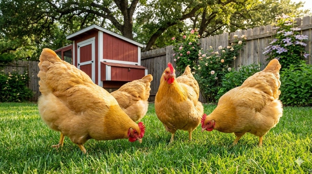 Four healthy golden Buff Orpington hens foraging together on green grass in a sunny backyard with a red chicken coop in the background