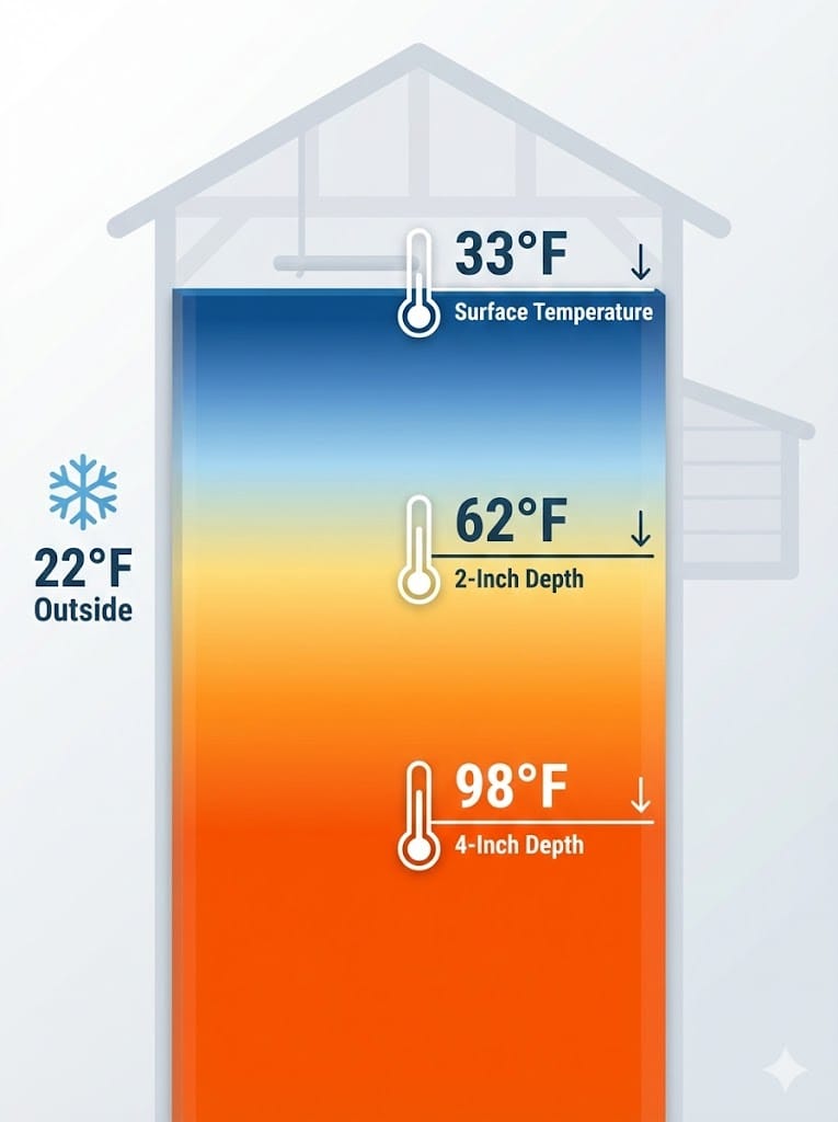  Infographic showing temperature readings at different bedding depths from 33°F at surface to 98°F at 4-inch depth