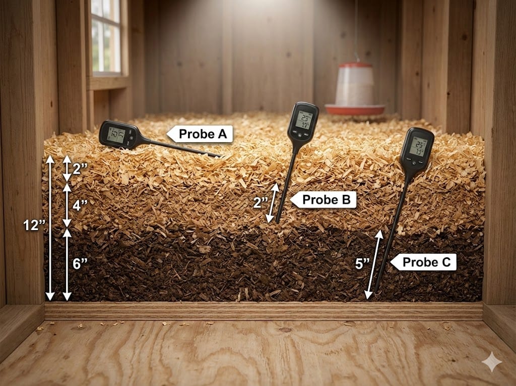 Three thermal probes placed at different depths in chicken coop bedding showing surface, mid-depth, and deep measurement points