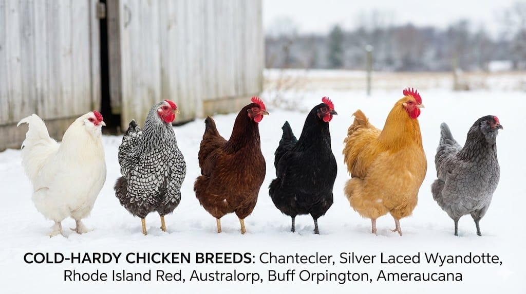 Side-by-side comparison of six cold-hardy chicken breeds including Chantecler, Wyandotte, and Buff Orpington standing in snow