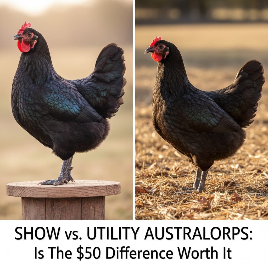 Side-by-side comparison of a show quality Australorp chicken and a utility Australorp hen on a farm background with article title overlay